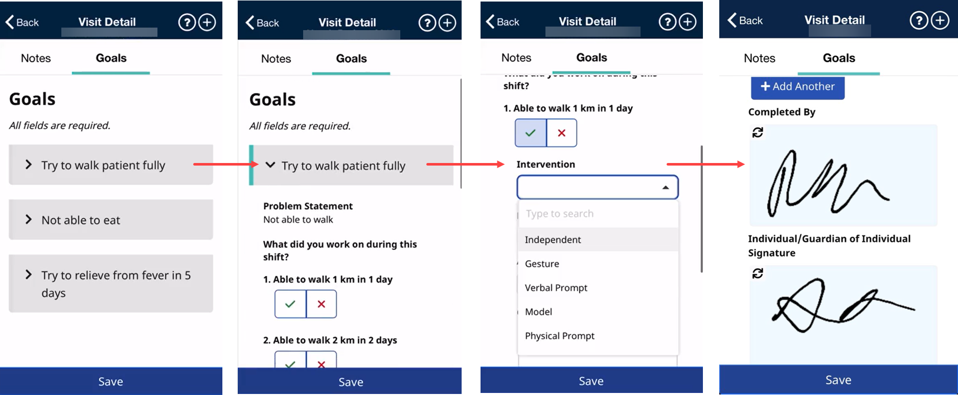 Goals workflow in the mobile app Goals workflow in the mobile app