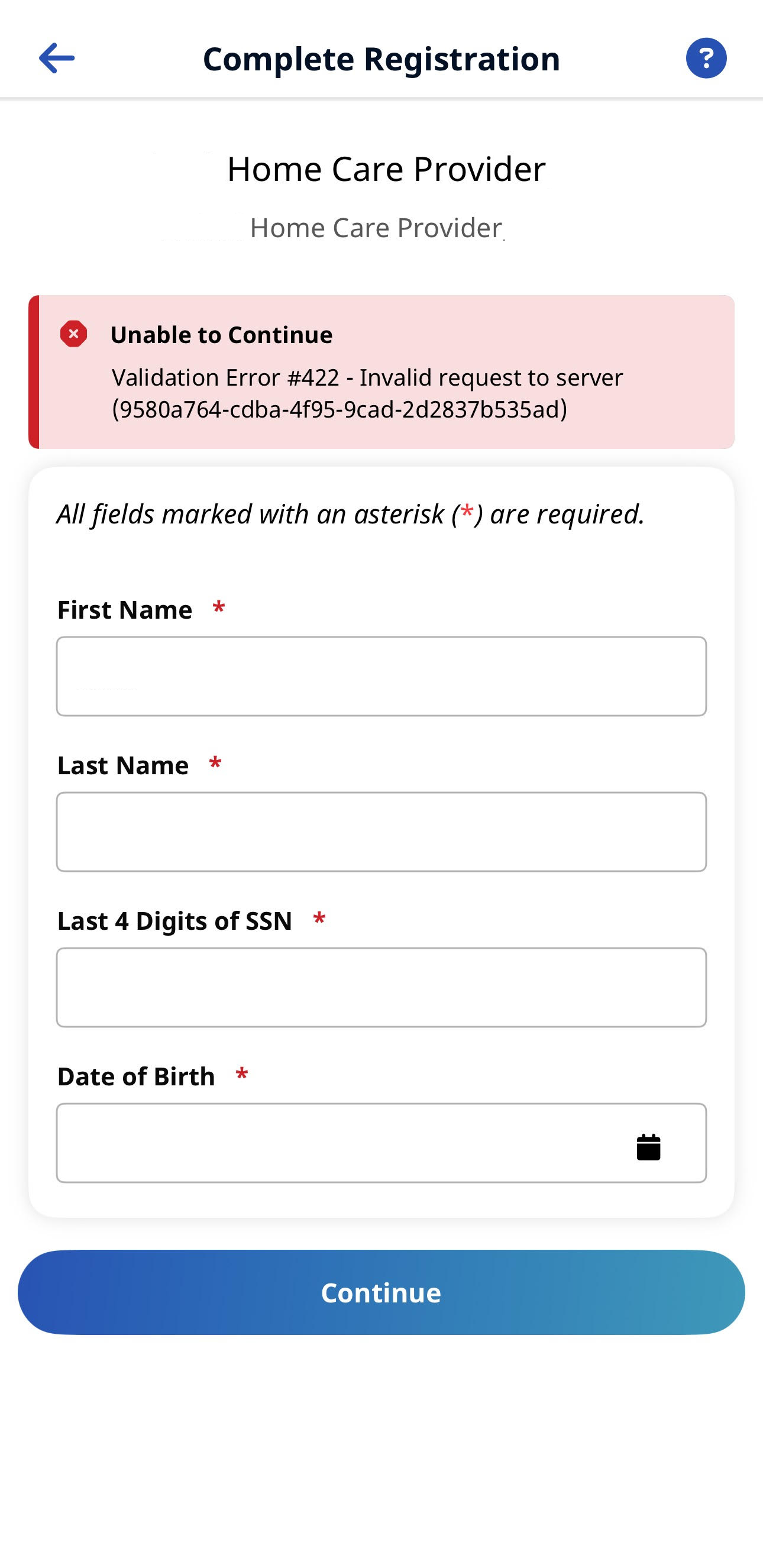 Unable to Continue error Unable to Continue error