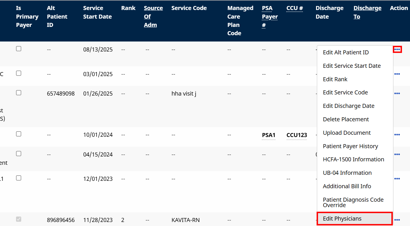 Find the contract and click the Ellipsis under the Actions column. Select Edit Physicians from the dropdown. Find the contract and click the Ellipsis under the Actions column. Select Edit Physicians from the dropdown.
