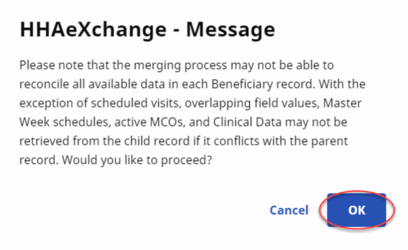 Merge Patient Record Confirmation The image displays the merge patient record confirmation.