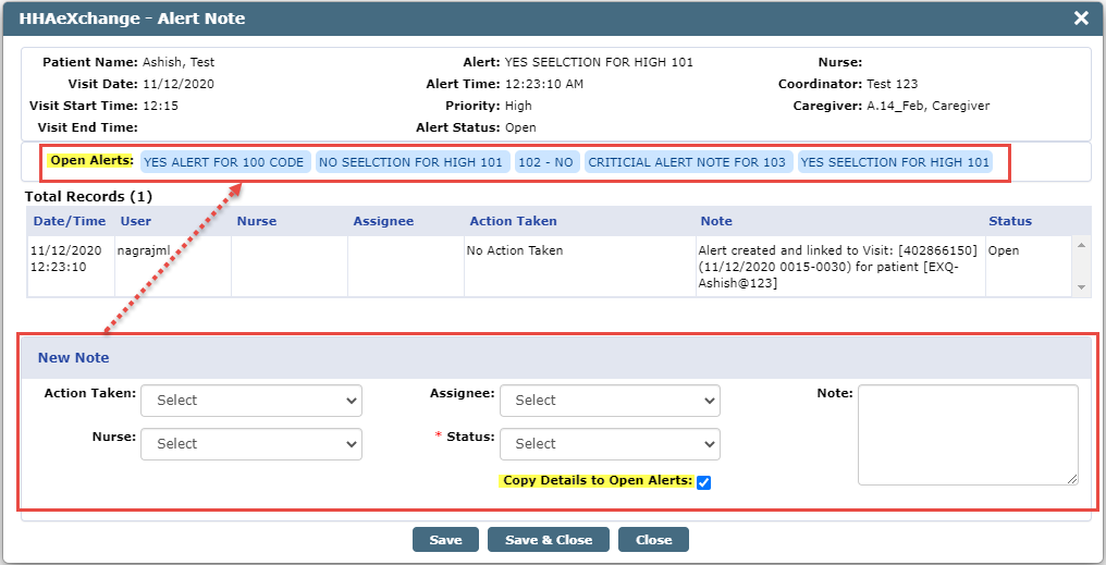 Copy Note Details to Other Open Alerts for the Same Visit