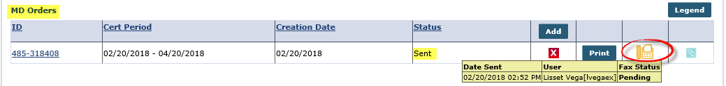 MD Order: (Fax) Sent Status MD Order: (Fax) Sent Status