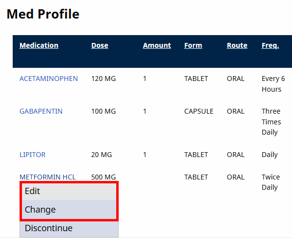 Edit, Change, Discontinue Menu Edit, Change, Discontinue, options menu