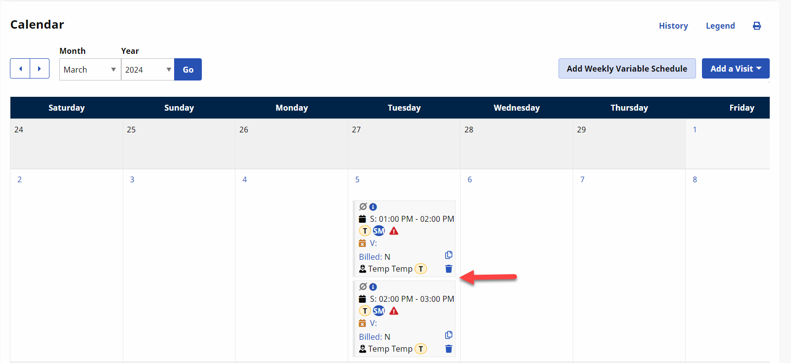 Merged Record - Patient Calendar The image shows the Action menu options to confirm or unmerge the patient record.