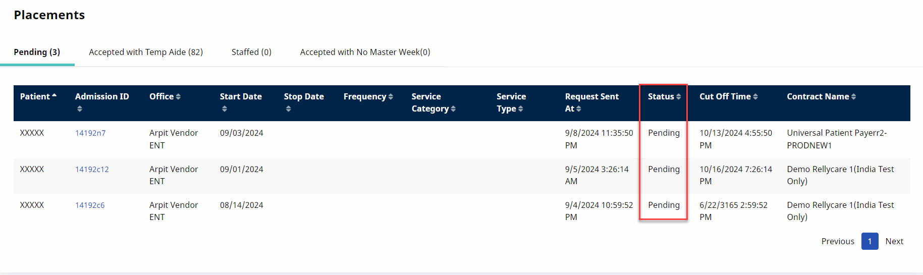 Merge Status Pending The image shows the Pending status of the patient merge.