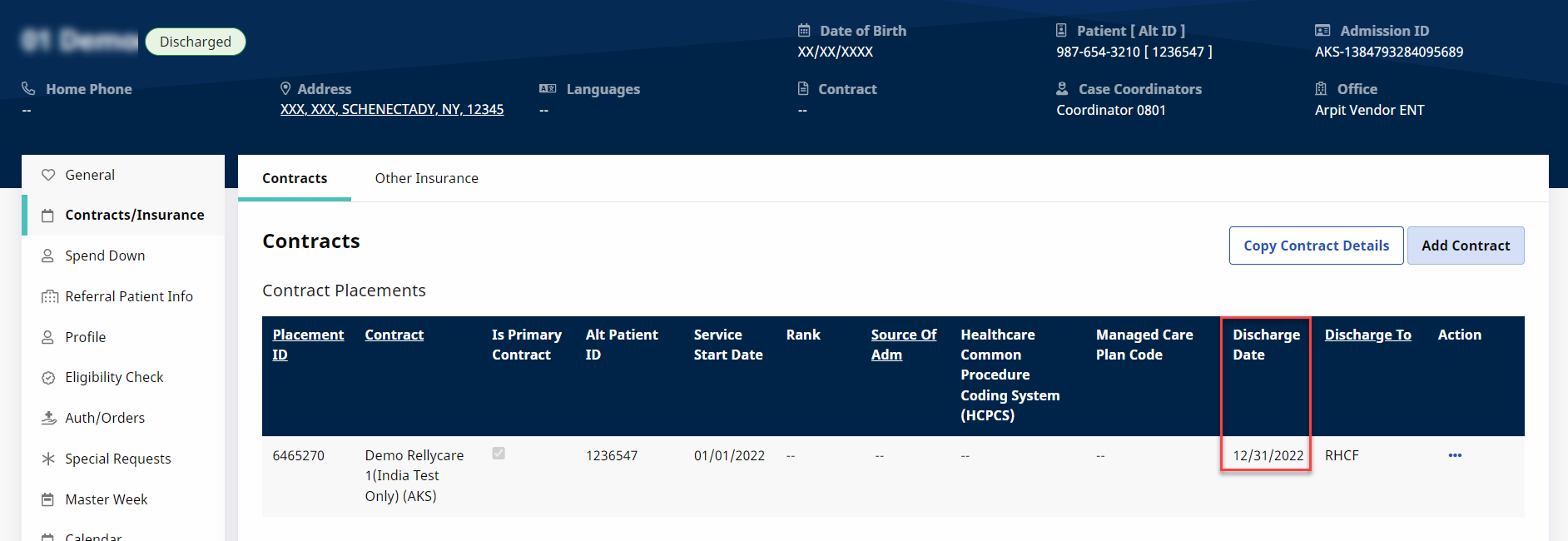 Patient Contract Page - Discharge Date This image shows the highlighted Discharge Date in the Contract page.