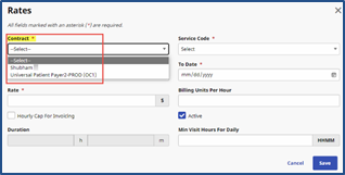 Patient Rates Window The image shows the Patient Rates window, with a highlighted Contracts field.