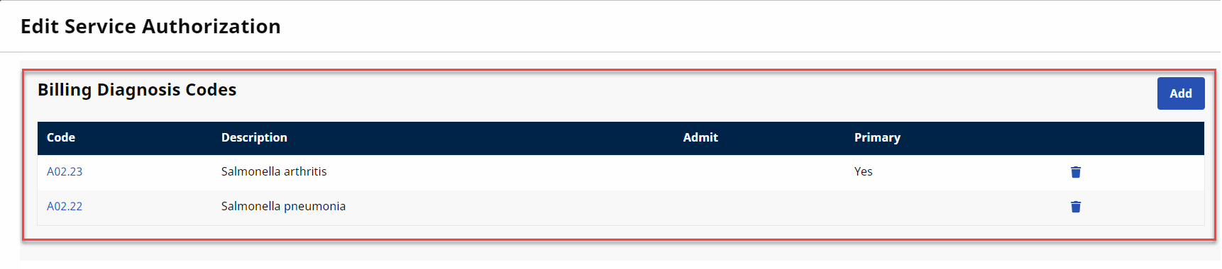 Provider Platform - Patient Authorization The image displays the highlighted Billing Diagnosis Codes in the authorization window.