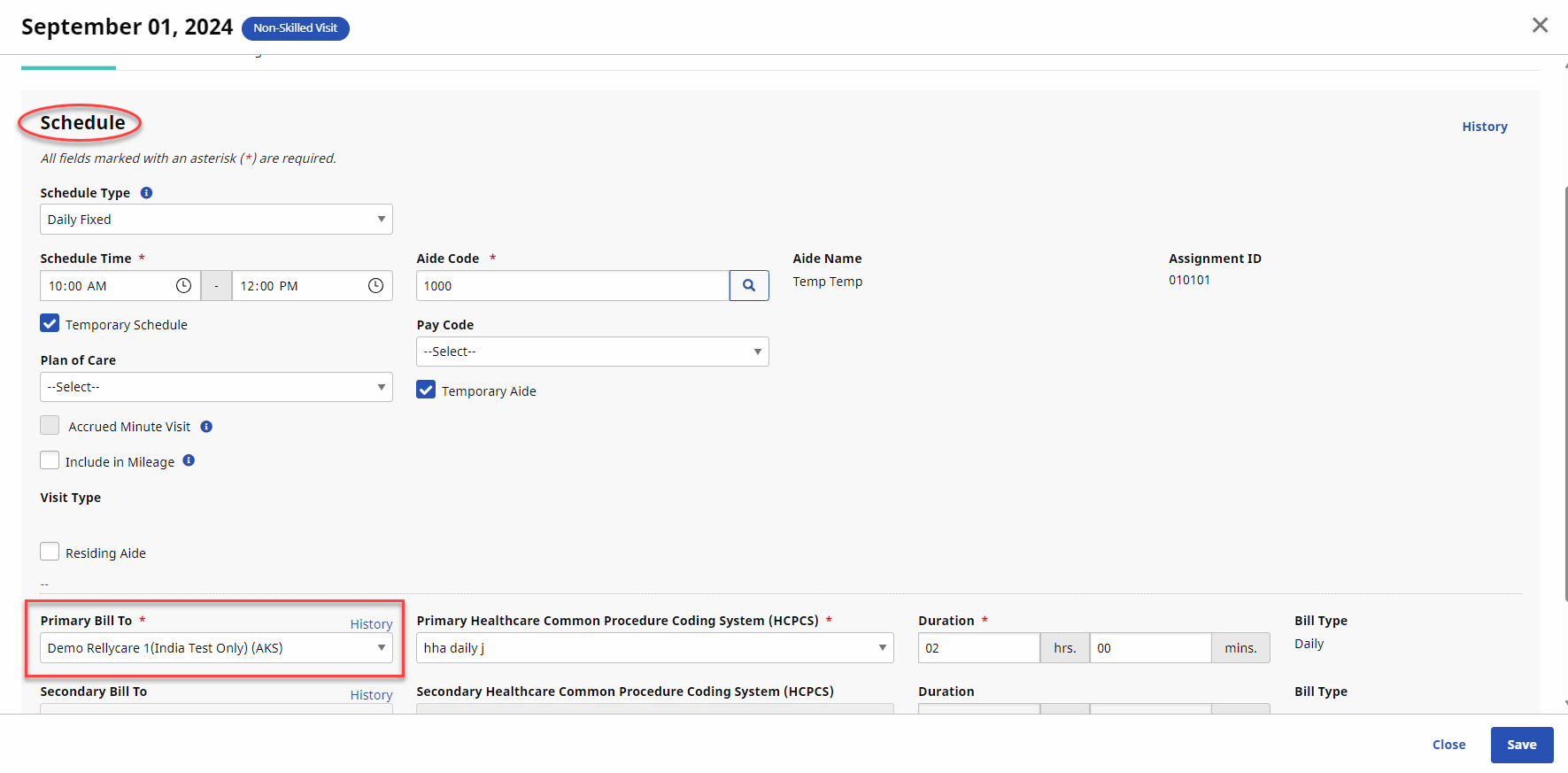 Schedule Tab - Select a Primary Bill To Contract The image displays the Schedule tab with the Pirmary to Bill field highlighted.