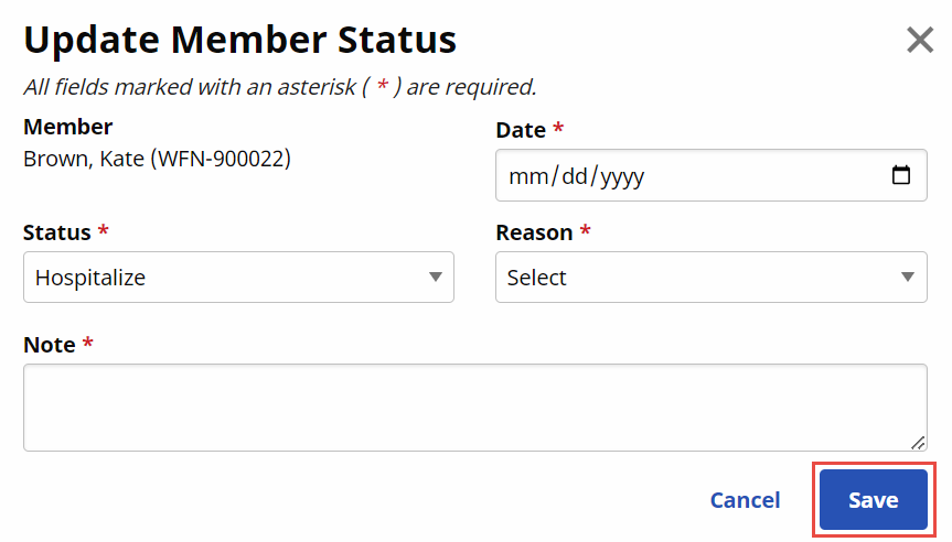Patient Status - Update Status Window Patient Status - Update Status Window