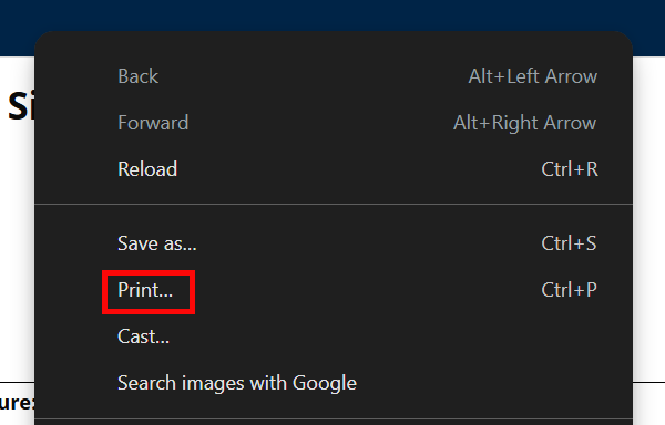 Right click anywhere on the page, and select Print.... Right click anywhere on the page, and select Print....