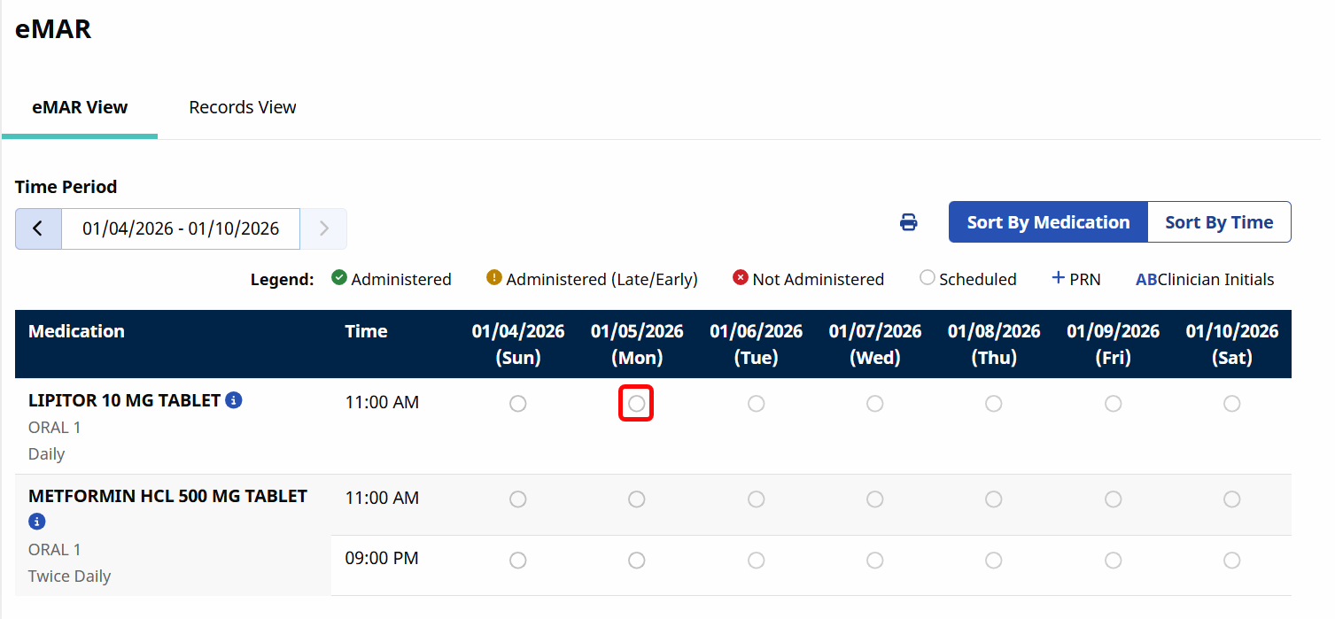 Find the medication you are administering as well as the date and time, and select the appropriate radio button. Find the medication you are administering as well as the date and time, and select the appropriate radio button.