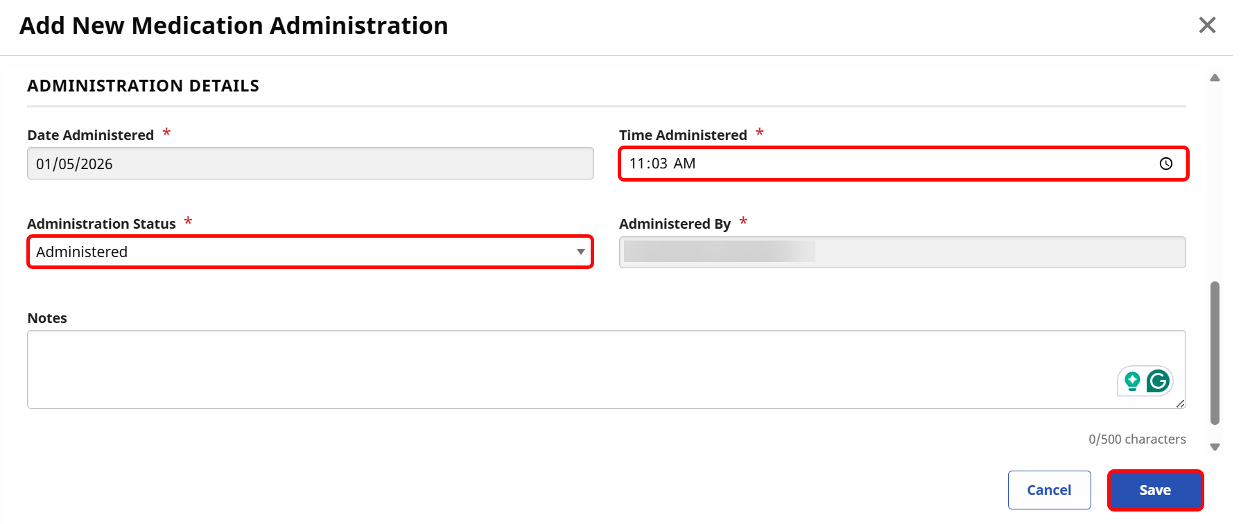 You can adjust the Time Administered by typing in a new time, and the Administration Status by selecting an alternative from the dropdown such as Self-Administered. You can adjust the Time Administered by typing in a new time, and the Administration Status by selecting an alternative from the dropdown such as Self-Administered.