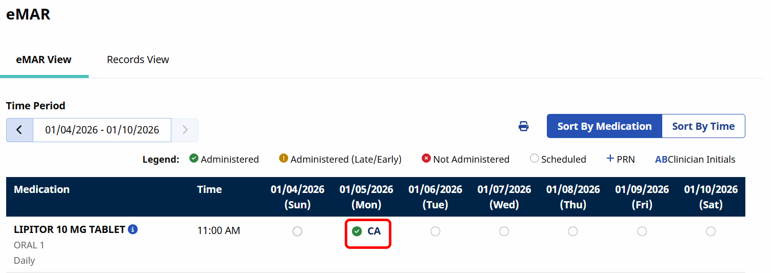 The record appears in the eMAR Module with a Green Checkmark and the administrating Caregiver's Initials. The record appears in the eMAR Module with a Green Checkmark and the administrating Caregiver's Initials.
