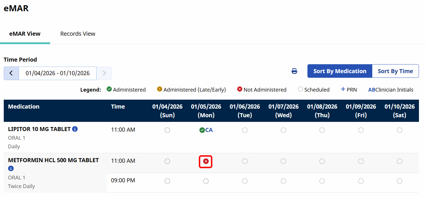 If the medication has not been administered, the record appears in the eMAR Module with a Red X. If the medication has not been administered, the record appears in the eMAR Module with a Red X.