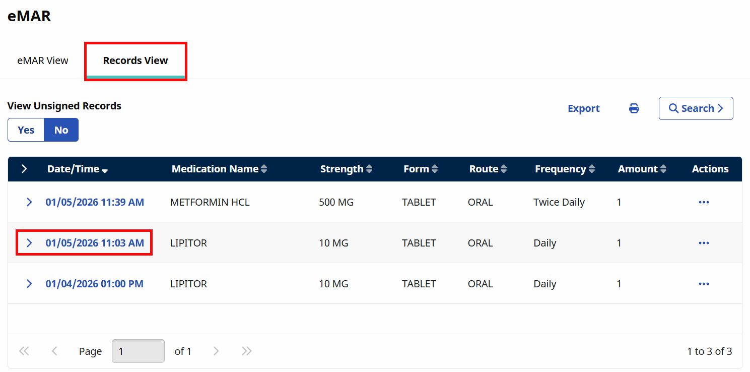 The Records View tab of the eMAR Module allows you to see a list of all logged eMAR records for easy viewing. The Records View tab of the eMAR Module allows you to see a list of all logged eMAR records for easy viewing.
