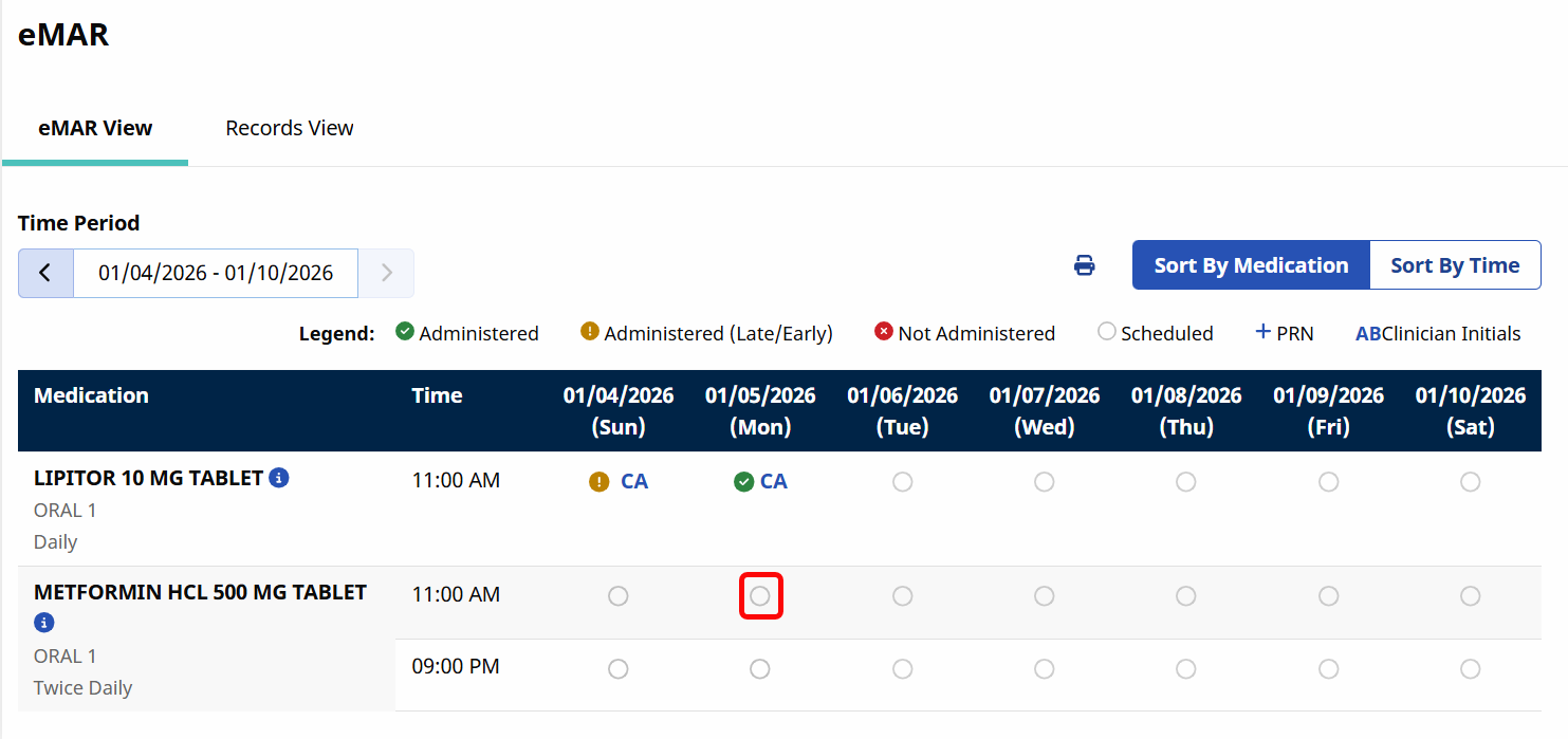 The record now appears unsigned on the eMAR Module page. The record now appears unsigned on the eMAR Module page.