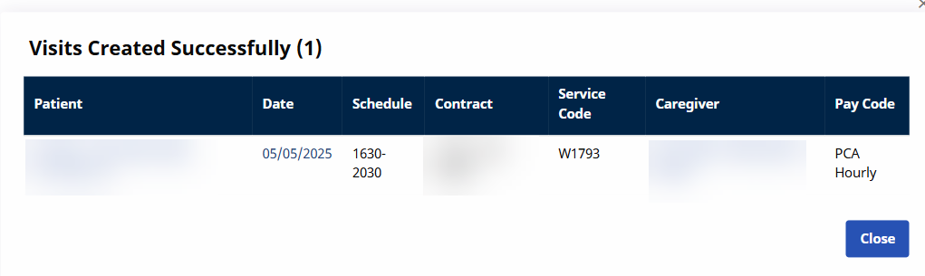 Visit Creation Status Window Visit Creation Status Window