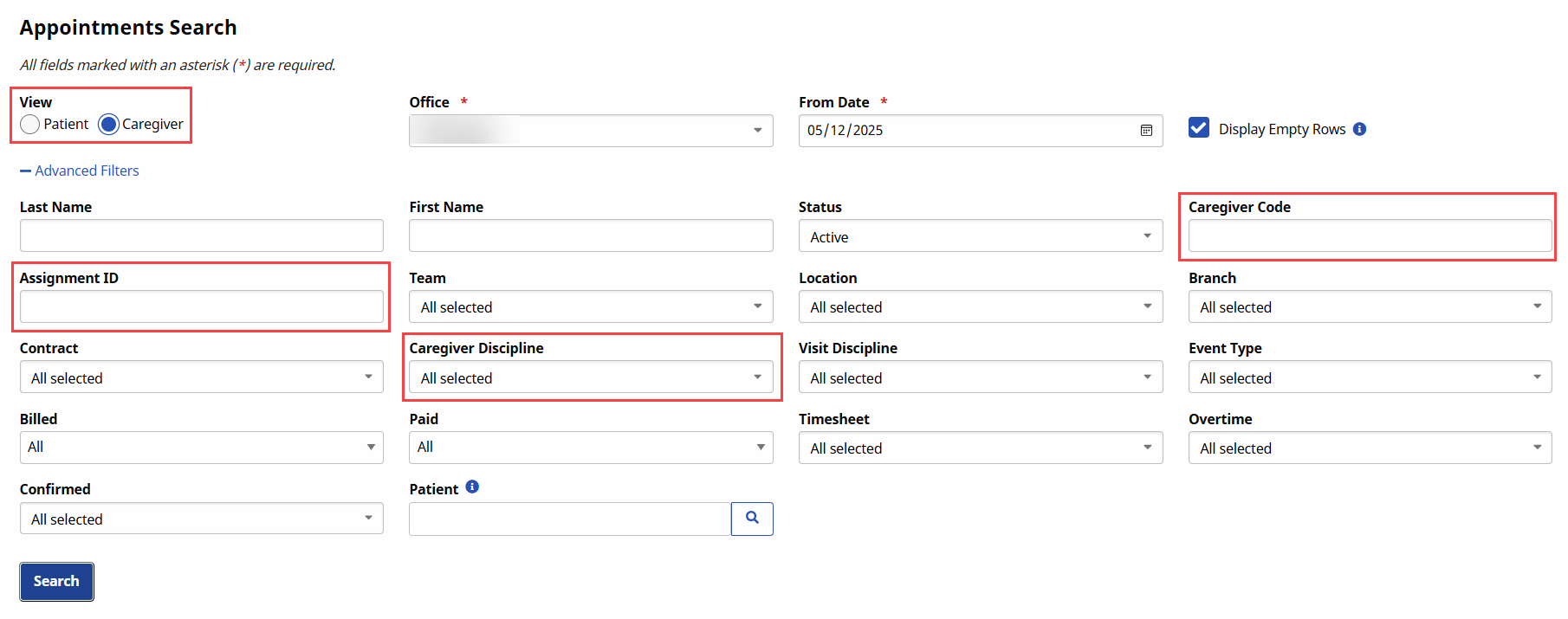 Caregiver Filter Fields Caregiver Filter Fields