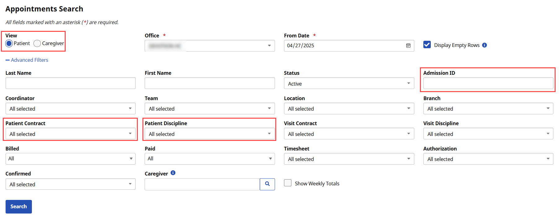 Patient Filter Fields Patient Filter Fields